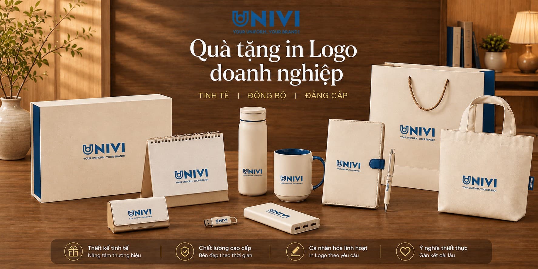Bộ quà tặng doanh nghiệp được chuẩn bị theo nhận diện thương hiệu Univi